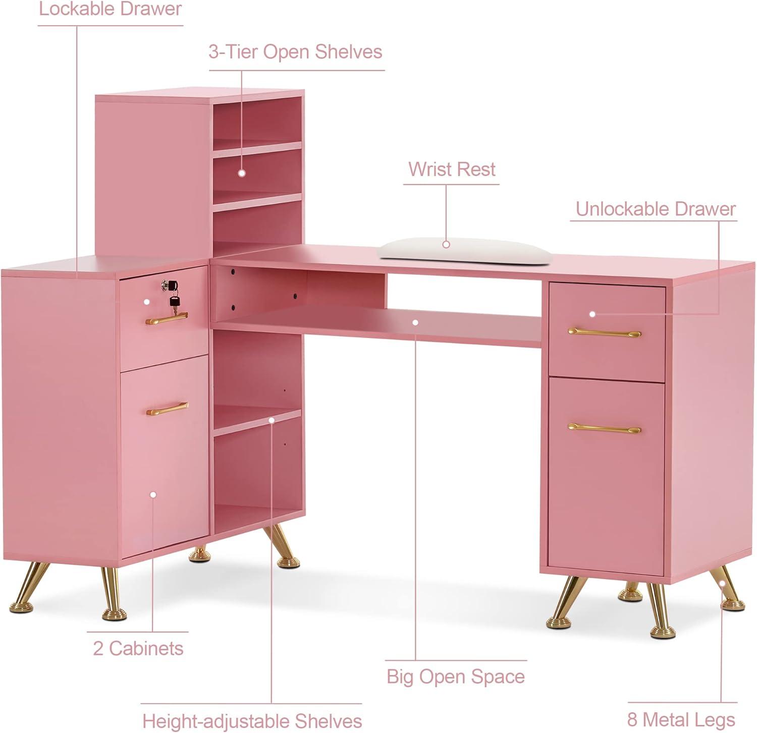 Pink L-Shaped Corner Manicure Table with Drawers and Filing Cabinet