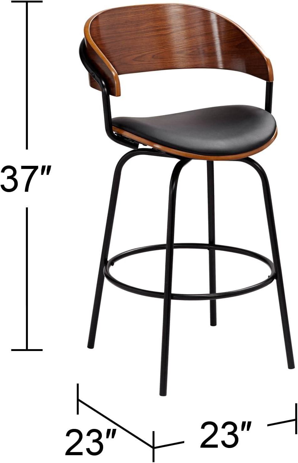 Elm Lane Larsen Black Swivel Bar Stool 26" High Mid Century Modern Faux Leather Cushion with Walnut Backrest Footrest for Kitchen Counter Height Home