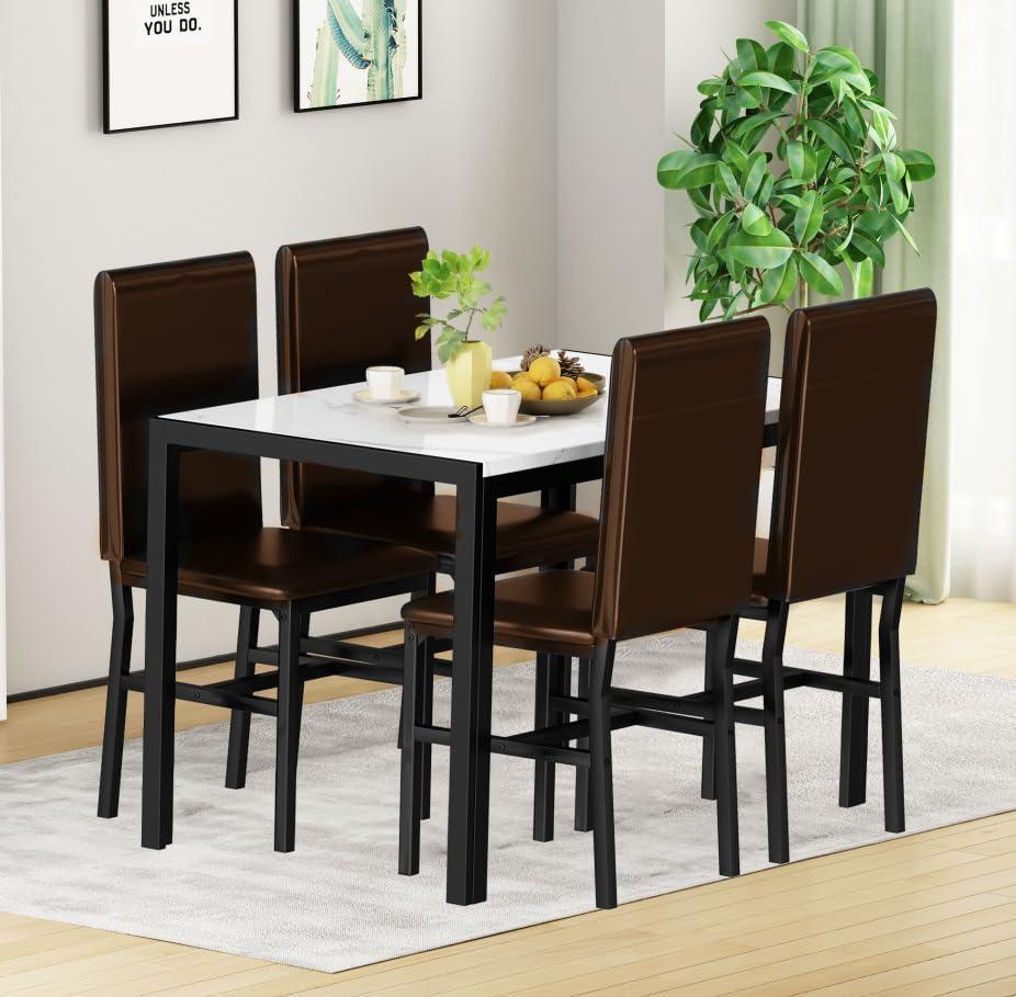 5 Piece Dining Set, Modern Dining Table and Chairs Set for 4, Kitchen Dining Table Set with Faux Marble Tabletop and 4 PU Leather Upholstered Chairs, for Small Space, Breakfast Nook, D8835