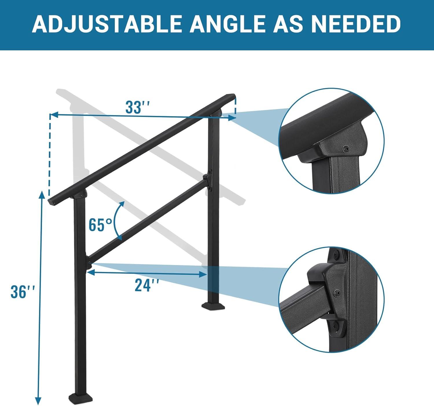 TROPOW Handrails for Outdoor Steps, Adjustable 3 Steps Handrails Outdoor, Porch Handrails for Stairs Fit 2-3 Steps, Metal Porch Railing, Deck Handrail, Black Hand Rails kit, Upgrade Aluminium