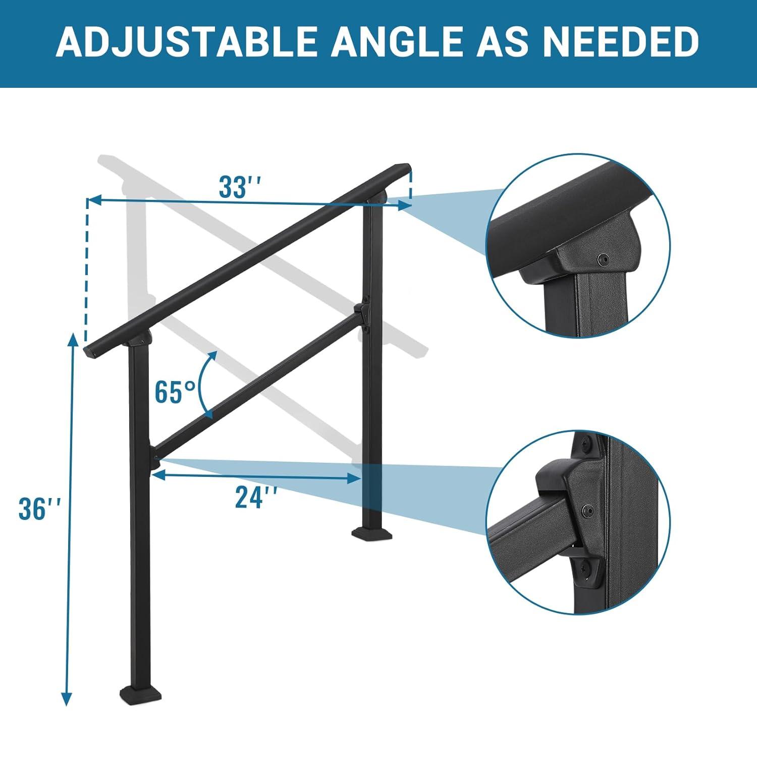 TROPOW Handrails for Outdoor Steps, Adjustable 3 Steps Handrails Outdoor, Porch Handrails for Stairs Fit 2-3 Steps, Metal Porch Railing, Deck Handrail, Black Hand Rails kit, Upgrade Aluminium