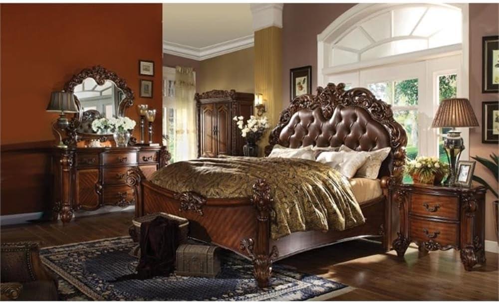 ACME Vendome Faux Leather Upholstered Queen Panel Bed in Warm Cherry