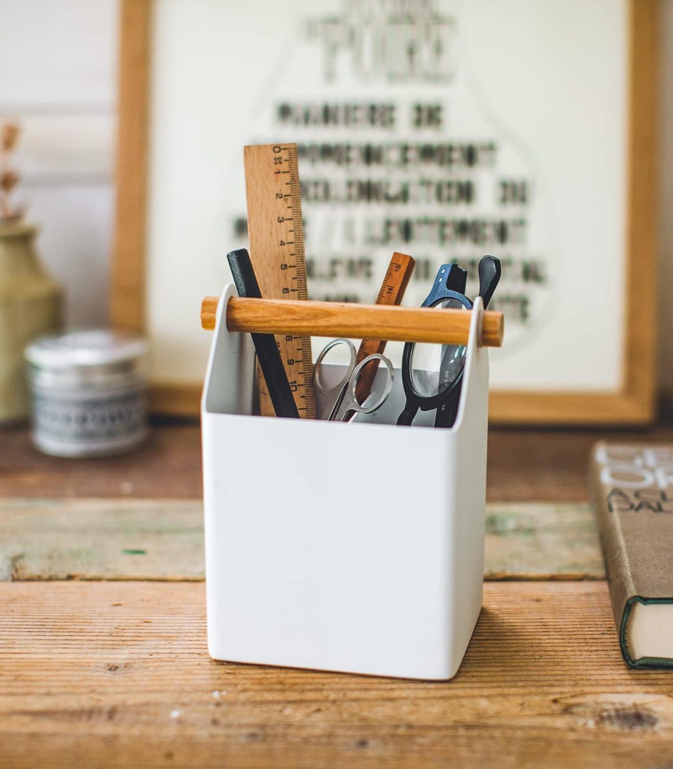 White Light Wood Scandinavian Pen Organizer with Wooden Accents