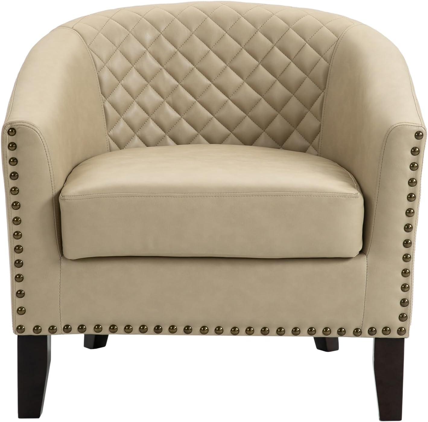 Beige Faux Leather Barrel Accent Chair with Nailhead Trim