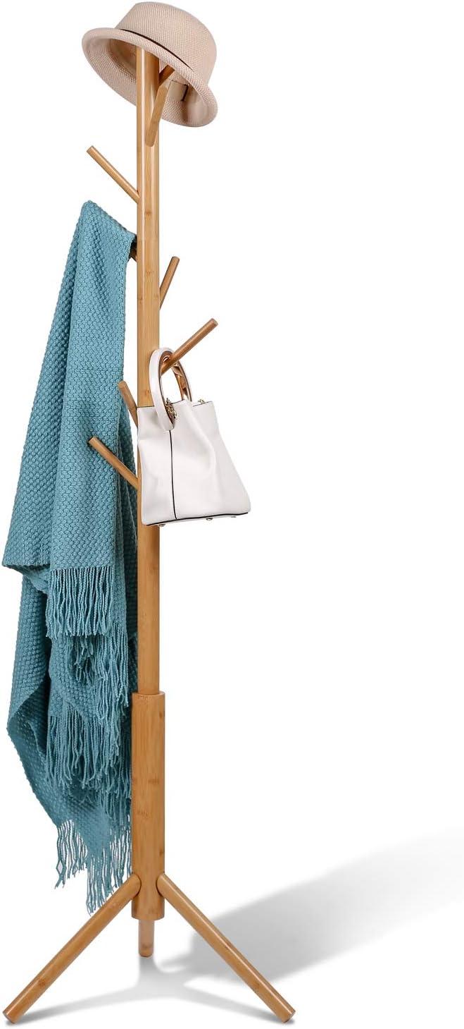 Adjustable Bamboo Freestanding Coat Rack with 8 Hooks