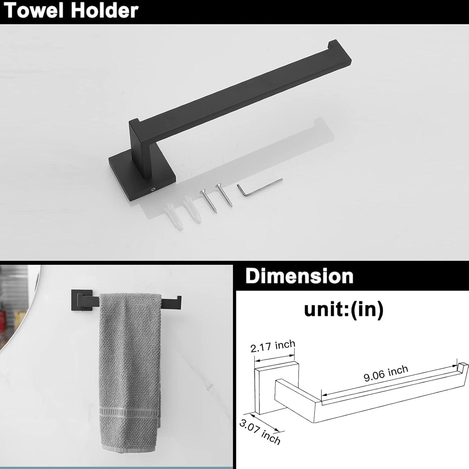 BWE 5 Pieces Matte Black Bathroom Hardware Set SUS304 Stainless Steel Include 21.9" Towel Bar,Hand Towel Holder,Toilet Paper Holder and 2 Robe Hook Square Bathroom Accessories Set Wall Mounted