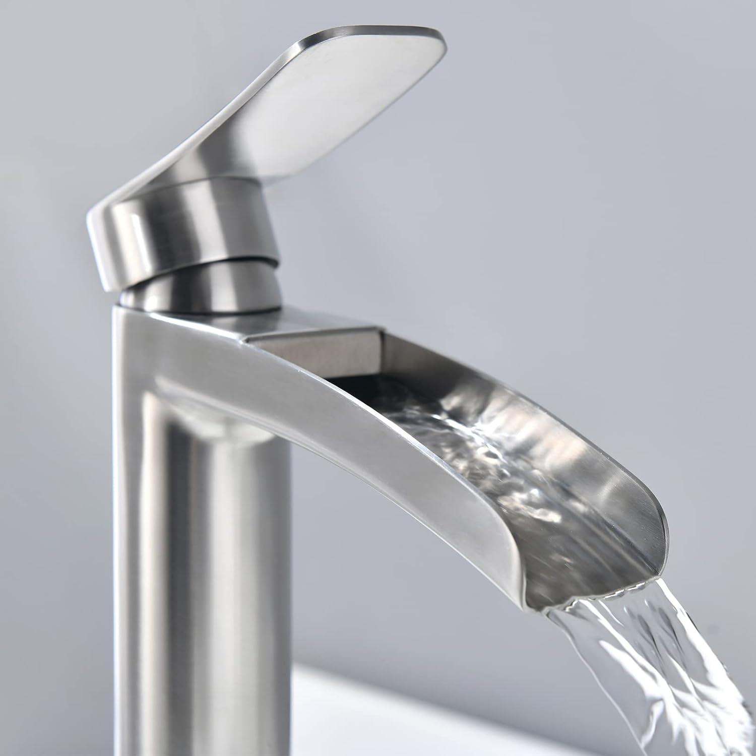 Brushed Nickel Tall Single Handle Waterfall Bathroom Faucet