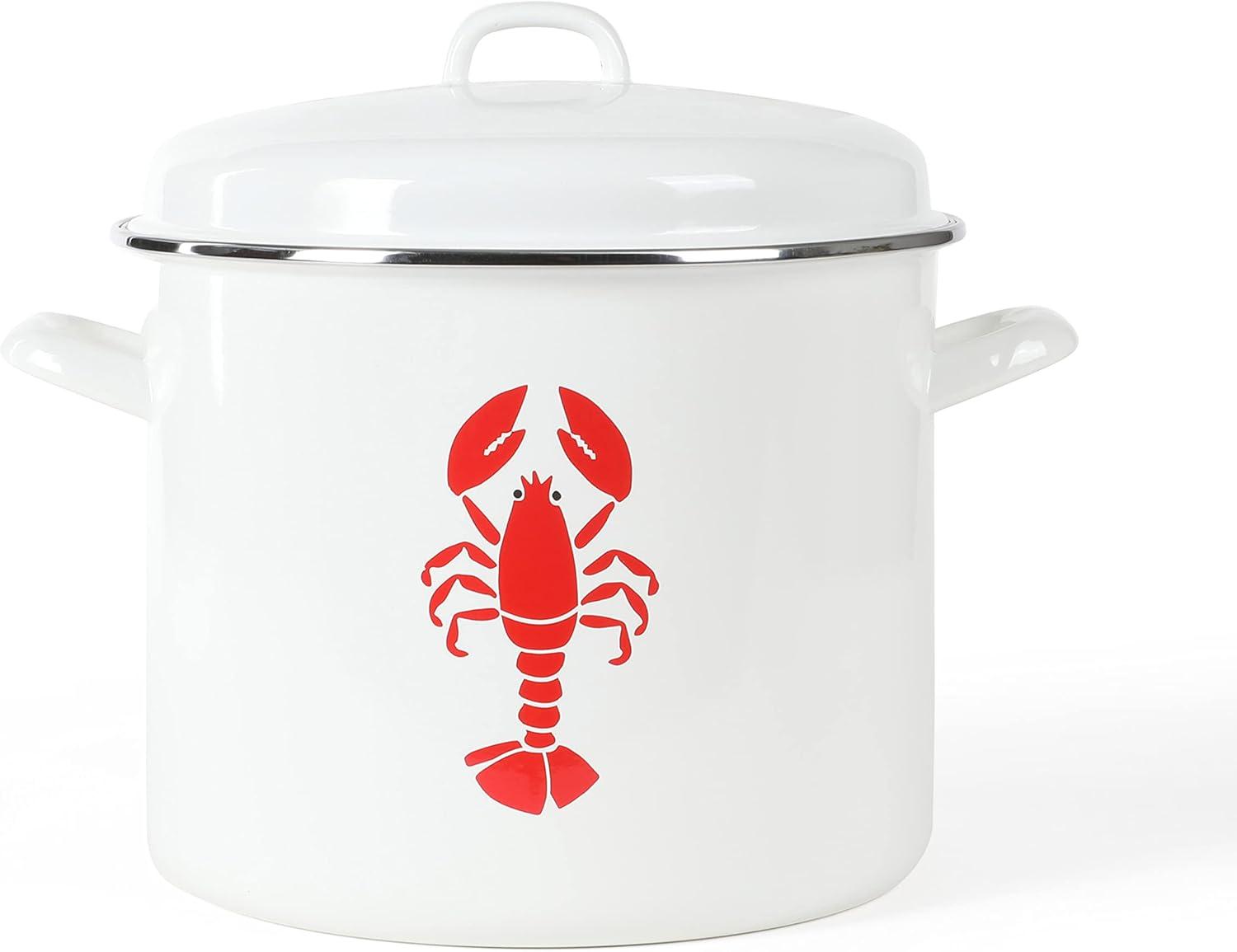 16-Quart White and Red Enamel Steel Lobster Stock Pot