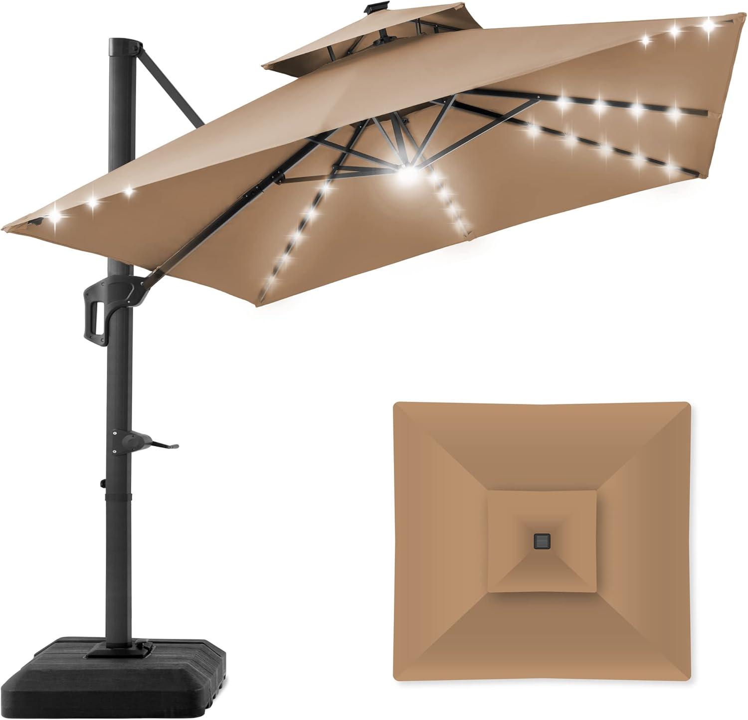 Best Choice Products 10x10ft 2-Tier Square Outdoor Solar LED Cantilever Patio Umbrella w/ Base Included - Tan