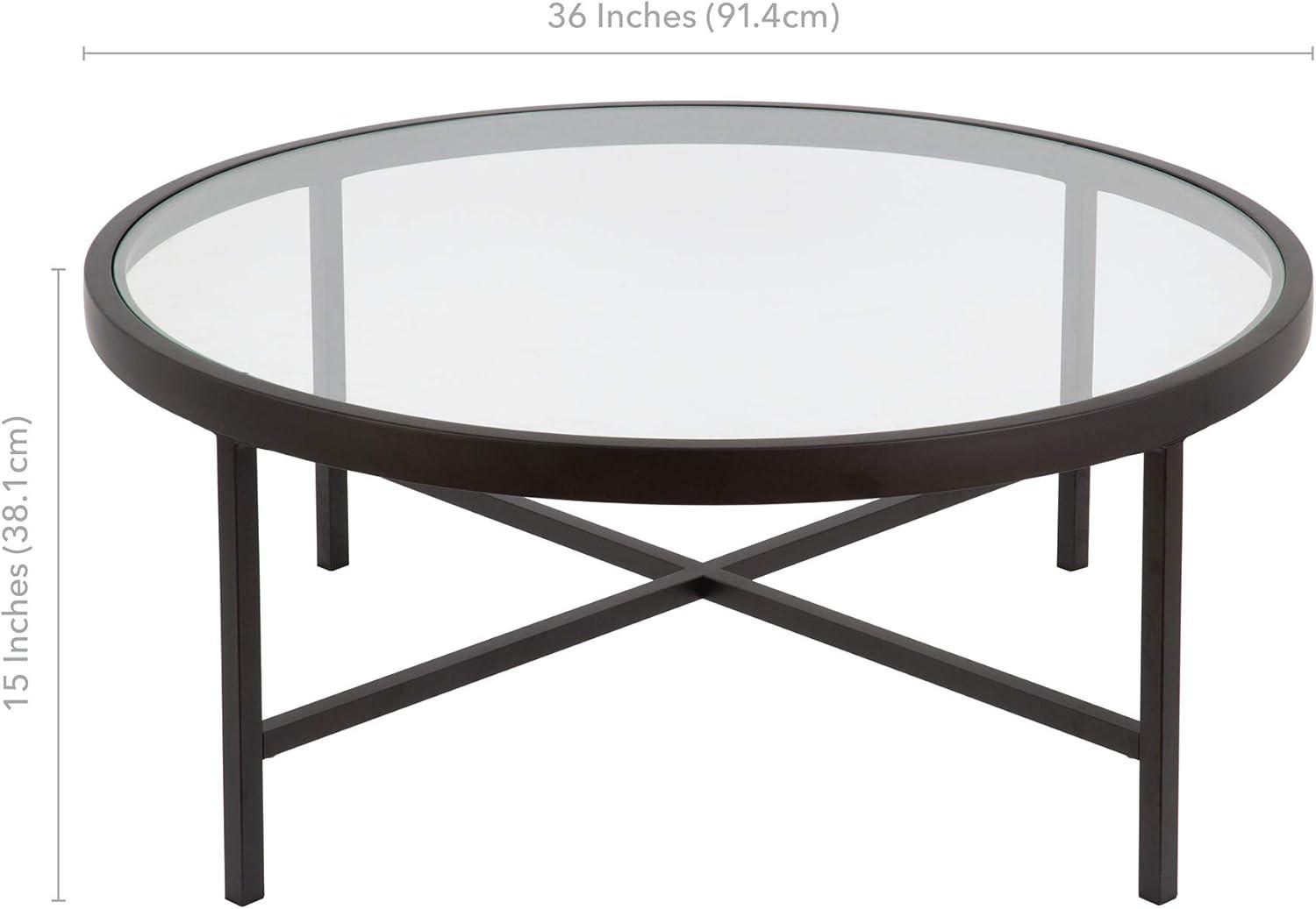 Evelyn&Zoe Xivil 36" Wide Round Coffee Table with Glass Top, Blackened Bronze