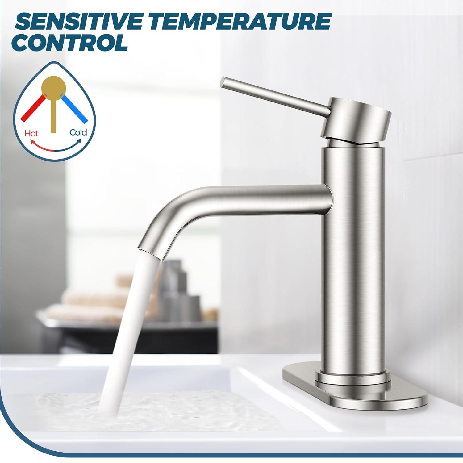 Single Handle Mid-Arc Bathroom Faucet with Deckplate and Pop-Up Drain in Brushed Nickel