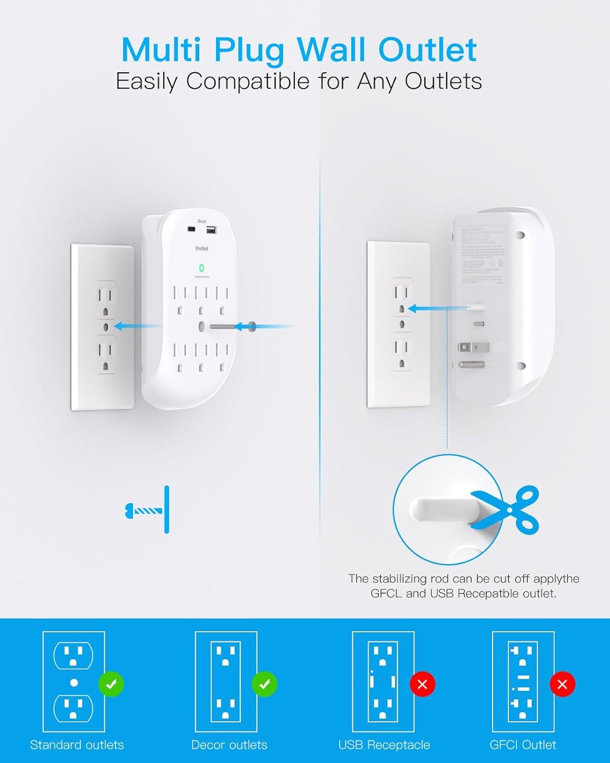 2 Pack Surge Protector Outlet, Multi Plug Outlet Adapter with 6 Wall Outlets 2 USB Wall Charger (1 USB C Port), Wall Outlet Extender, Multiple Outlet Wall Plug Splitter for Home Office Dorm Room