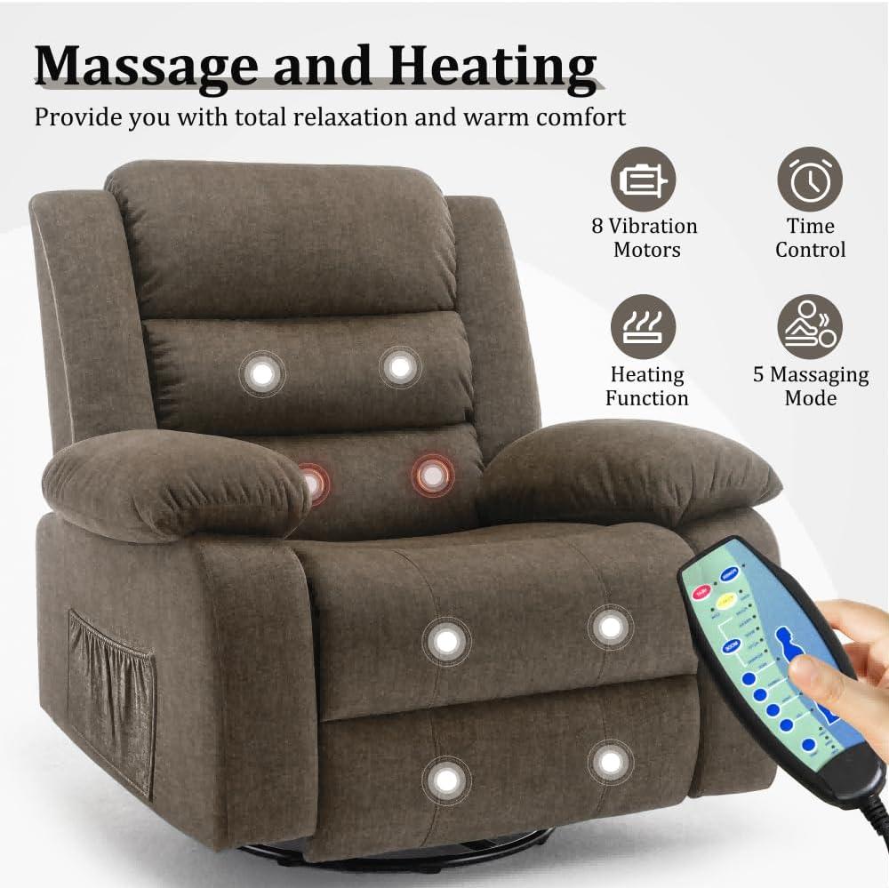 Ellisse Recliner Chair, Wide Rocker Chair, Rocking Chair with Massage and Heat, 360°Swivel Rocking Chairs, Oversized Recliner for Adult