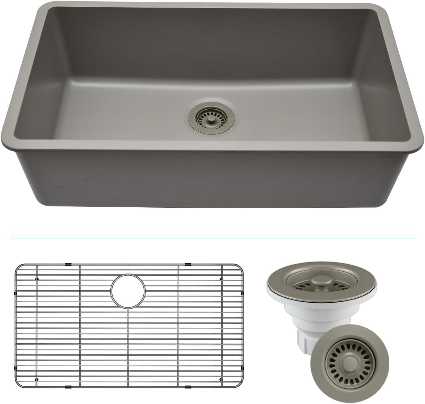 32" x 19" Quartz Kitchen Sink, Single Bowl Sink, Drop-in Sink, Undermount Sink, Granite Kitchen Sink, with Steel Grids and Basket Strainer, Disposal Flange