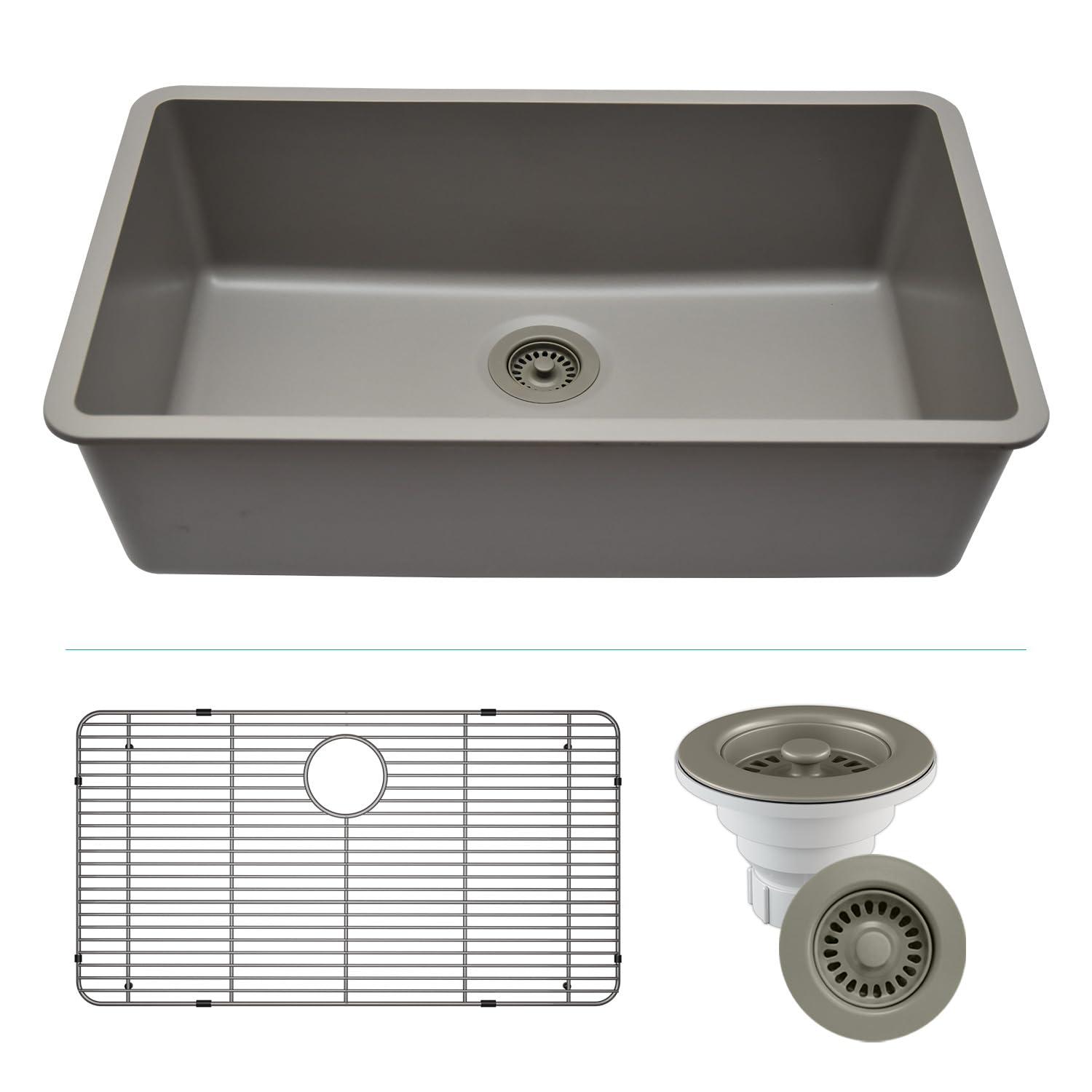 32" x 19" Quartz Kitchen Sink, Single Bowl Sink, Drop-in Sink, Undermount Sink, Granite Kitchen Sink, with Steel Grids and Basket Strainer, Disposal Flange