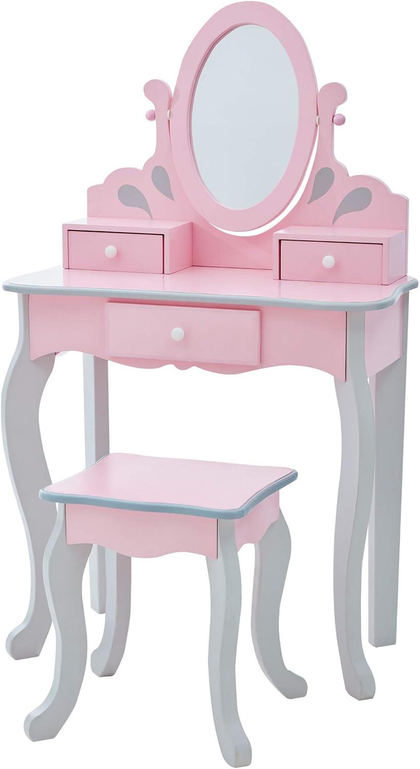 Princess Rapunzel Pink and Grey Wooden Vanity Set with Bench