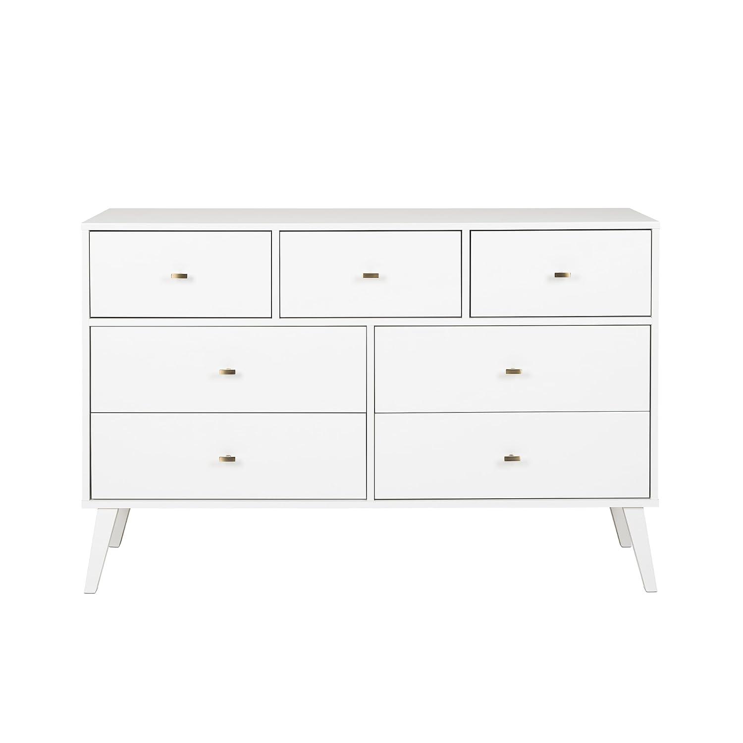 Prepac 7 Drawer Milo Mid-Century Modern Dresser White: Laminated, Metal Glides, MDF Composite