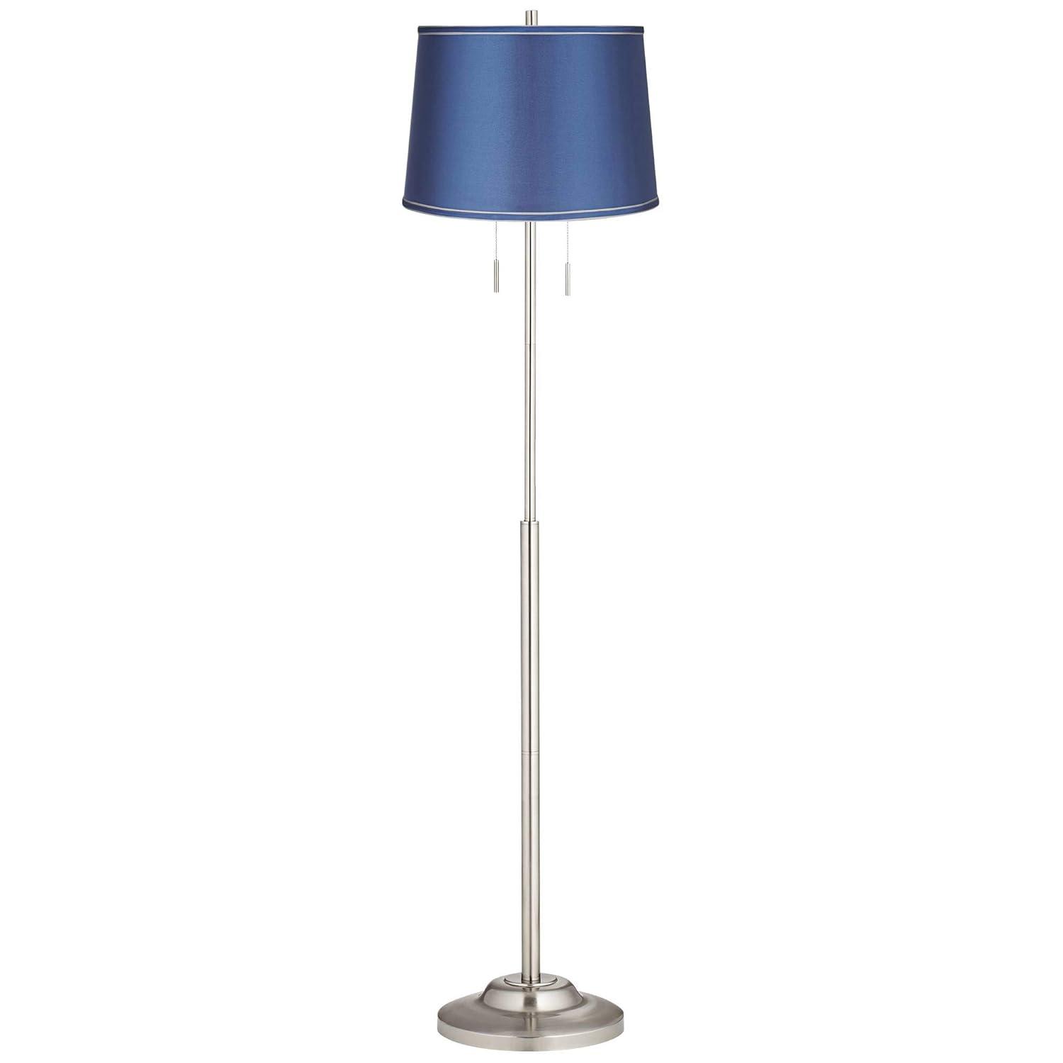 360 Lighting Abba Modern Floor Lamp Standing 66" Tall Brushed Nickel Metal Blue Satin Fabric Drum Shade for Living Room Bedroom Office House Home