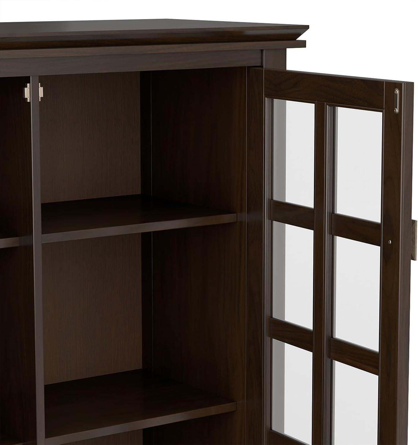 Simpli Home Artisan 38"W Solid Wood 4-Shelf Medium Storage Cabinet with Glass Doors and Adjustable Shelves