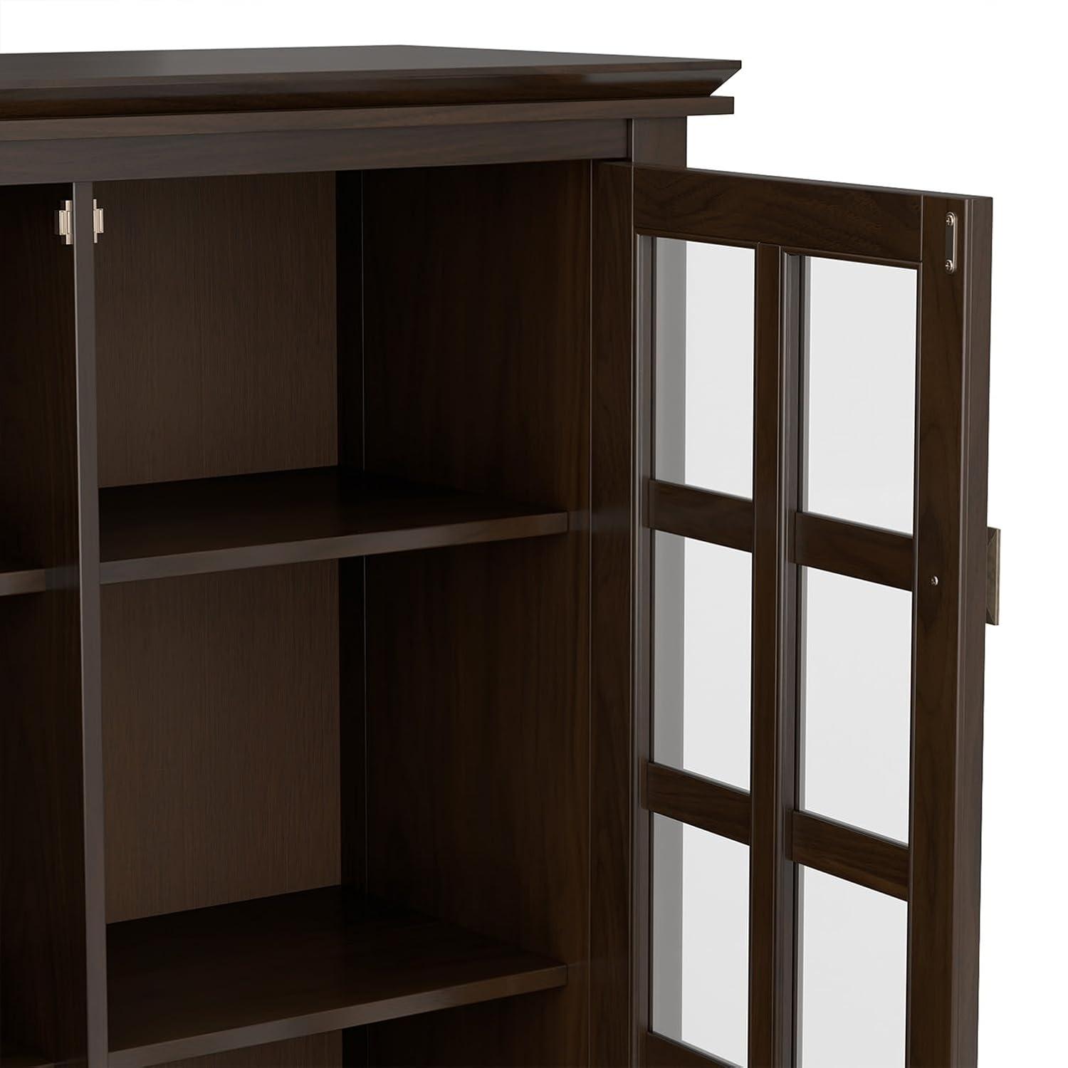 Simpli Home Artisan 38"W Solid Wood 4-Shelf Medium Storage Cabinet with Glass Doors and Adjustable Shelves