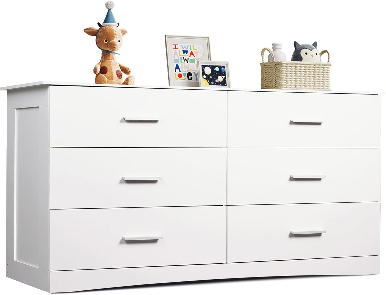 Miekor 6 Drawer Double Dresser for Bedroom, Wide Storage Cabinet for Living Room Home Entryway, White G6054