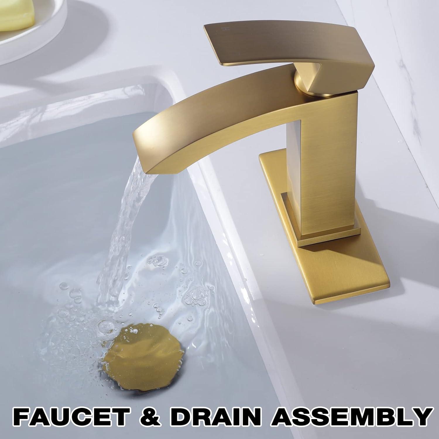 WOWOW Brushed Gold Waterfall Bathroom Faucet  Single Handle Faucet for Bathroom Sink