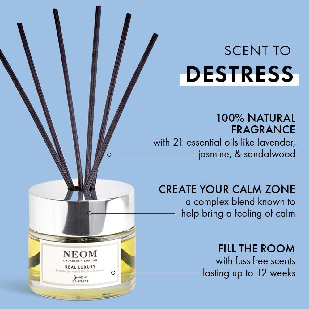 NEOM Real Luxury Reed Diffuser, 3,38fl oz | Lavender, Rosewood & Jasmine Essential Oil Blends | 100% Natural Fragrance | Relaxing Scent |