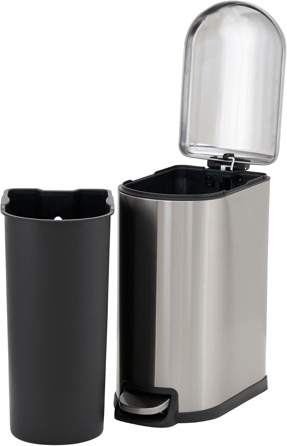 Slim Silver Stainless Steel Pedal Trash Can with Soft Close Lid