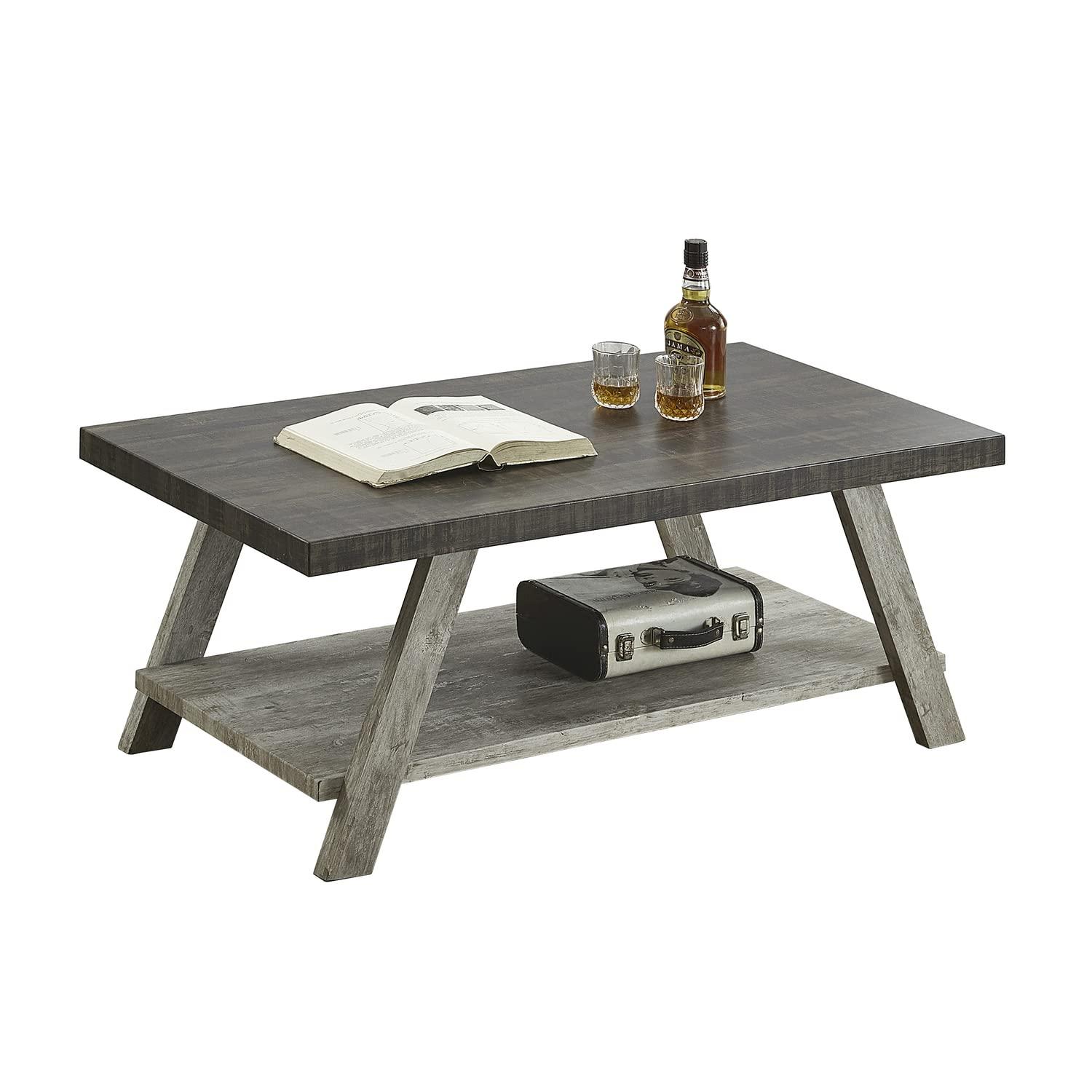 Roundhill Furniture Athens Contemporary Two-Tone Wood Shelf Coffee Table in Weathered Walnut and Gray