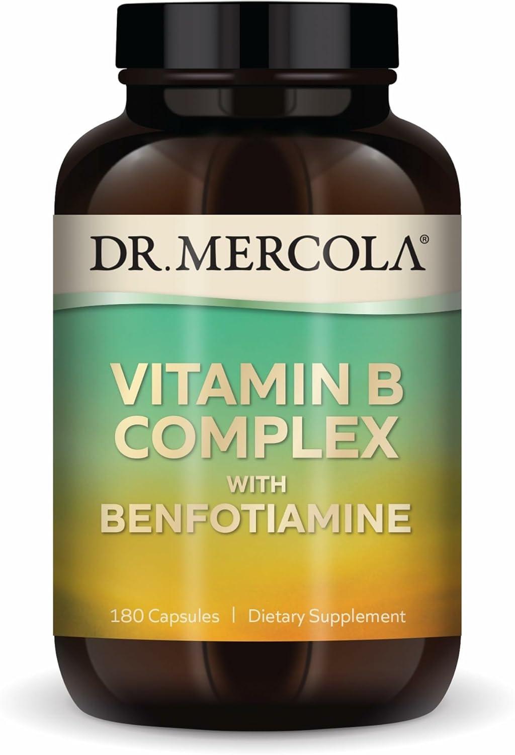 Dr. Mercola Vitamin B Complex, 90 Servings (180 Capsules), with Benfotiamine, Dietary Supplement, Supports Energy Production, Non-GMO