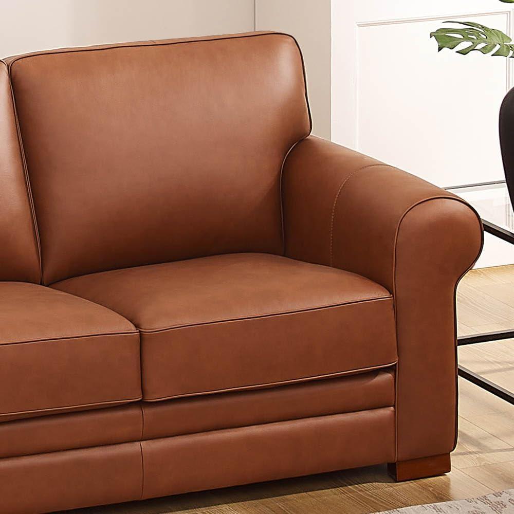 Cinnamon Brown Tufted Leather Loveseat with Wood Feet