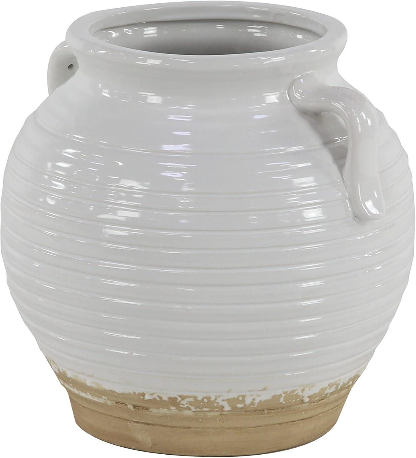 8" Wide Ceramic Planter Pot with Side Handles White - Olivia & May: Indoor Stoneware, Weather-Resistant