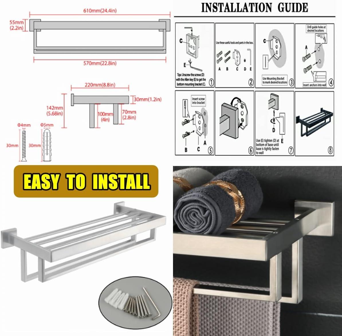 Alise Towel Rack with Double Towel Bar, 24 Inch Towel Racks for Bathroom, Modern Towel Holder for Bathroom Wall, SUS304 Stainless Steel Towel Shelf, Brushed Nickel