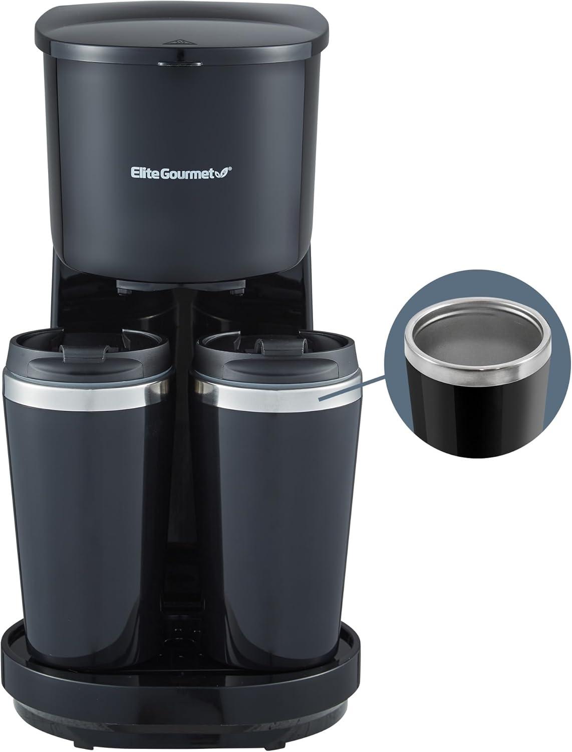 Elite Gourmet Dual Coffee Maker with Two Stainless Steel Interior Travel Mugs, Black