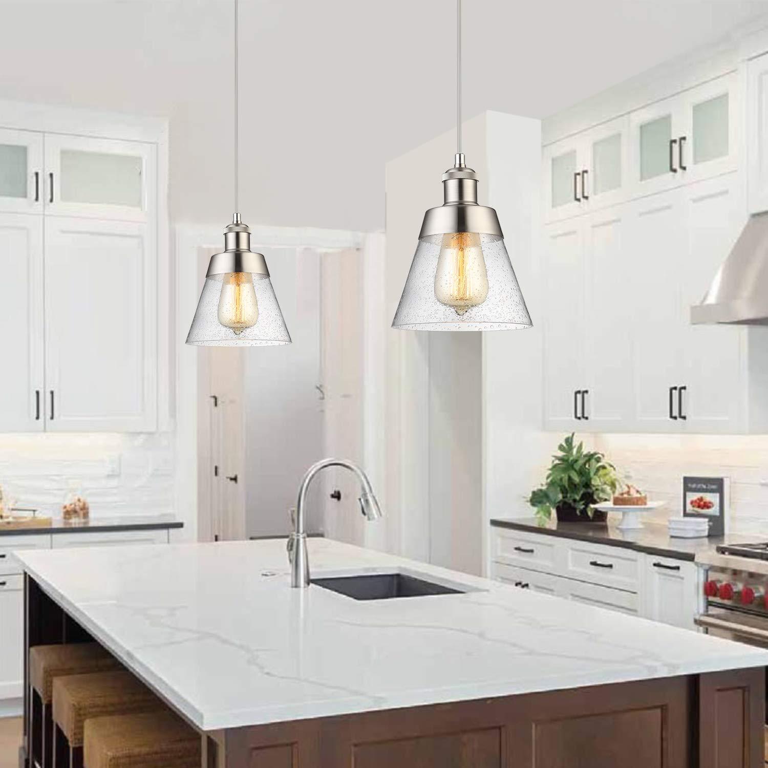 Modern Glass Pendant Light with Handblown Clear Seeded Glass Shade, One-Light Adjustable Industrial Mini Pendant Lighting Fixture for Kitchen Island Cafe Bar, Brushed Nickel