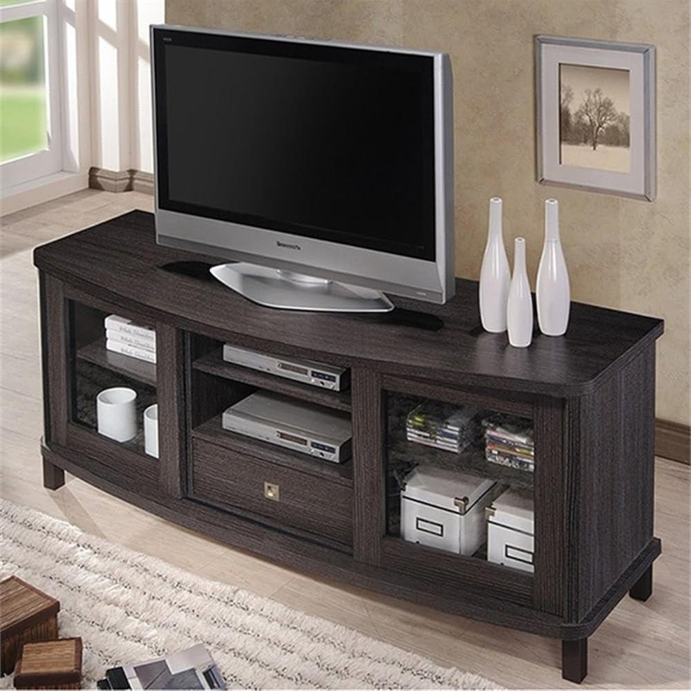 Walda Wood Cabinet with 2 Sliding Doors and 1 Drawer TV Stand for TVs up to 60" Dark Brown/Gray - Baxton Studio