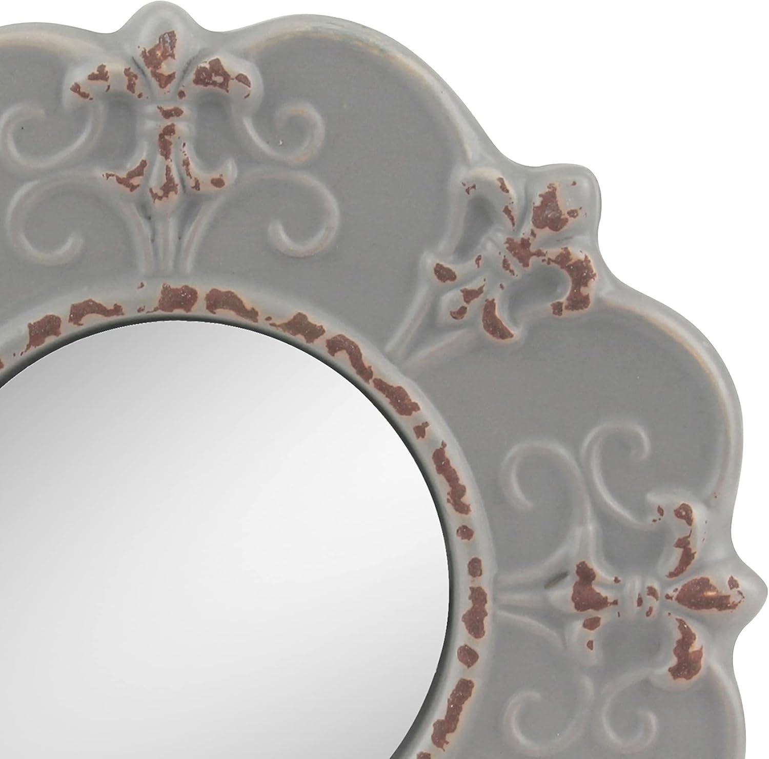 Stonebriar 8" Round Light Gray Ceramic Accent Wall Mirror with Attached Hanging Loop, Decorative Vintage Decor for the Living Room, Bedroom, Hallway, and Entryway