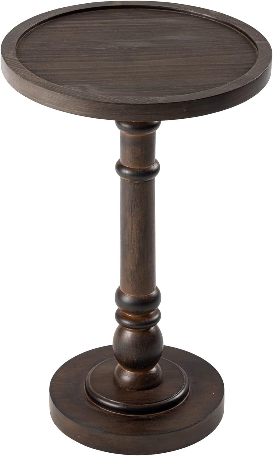 STKT Pedestal Small Drinking Table, Farmhouse Round Tray Top End Table, Distressed Brown