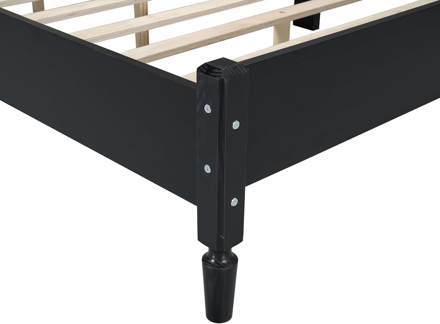 Wooden Platform Bed with Natural Rattan Headboard, Full Size Platform Bed with Wooden Slat Support, Vintage Rattan Bed Frame, No Box Spring Needed (Black,Full,233)