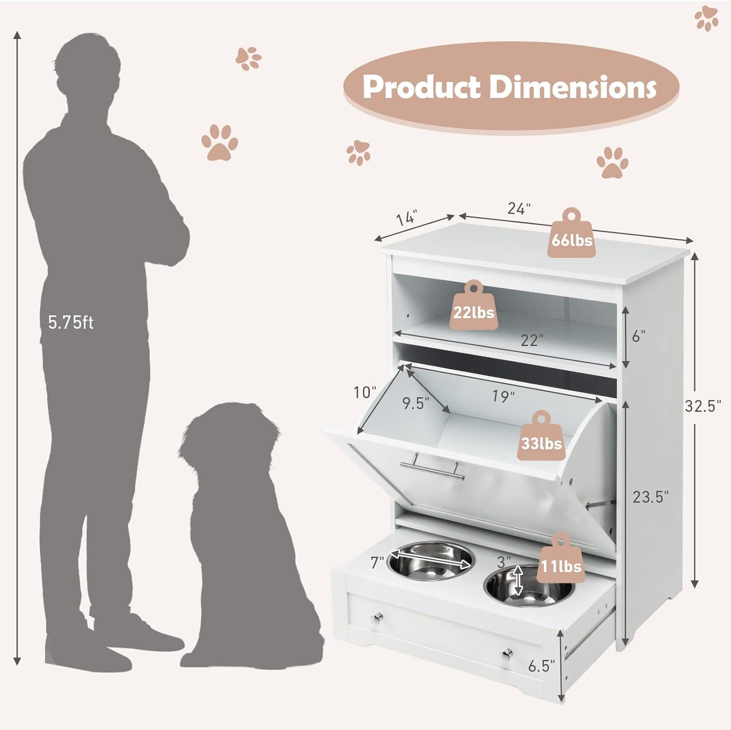 White MDF Dog Feeding Station with Storage Cabinet and Stainless Steel Bowls