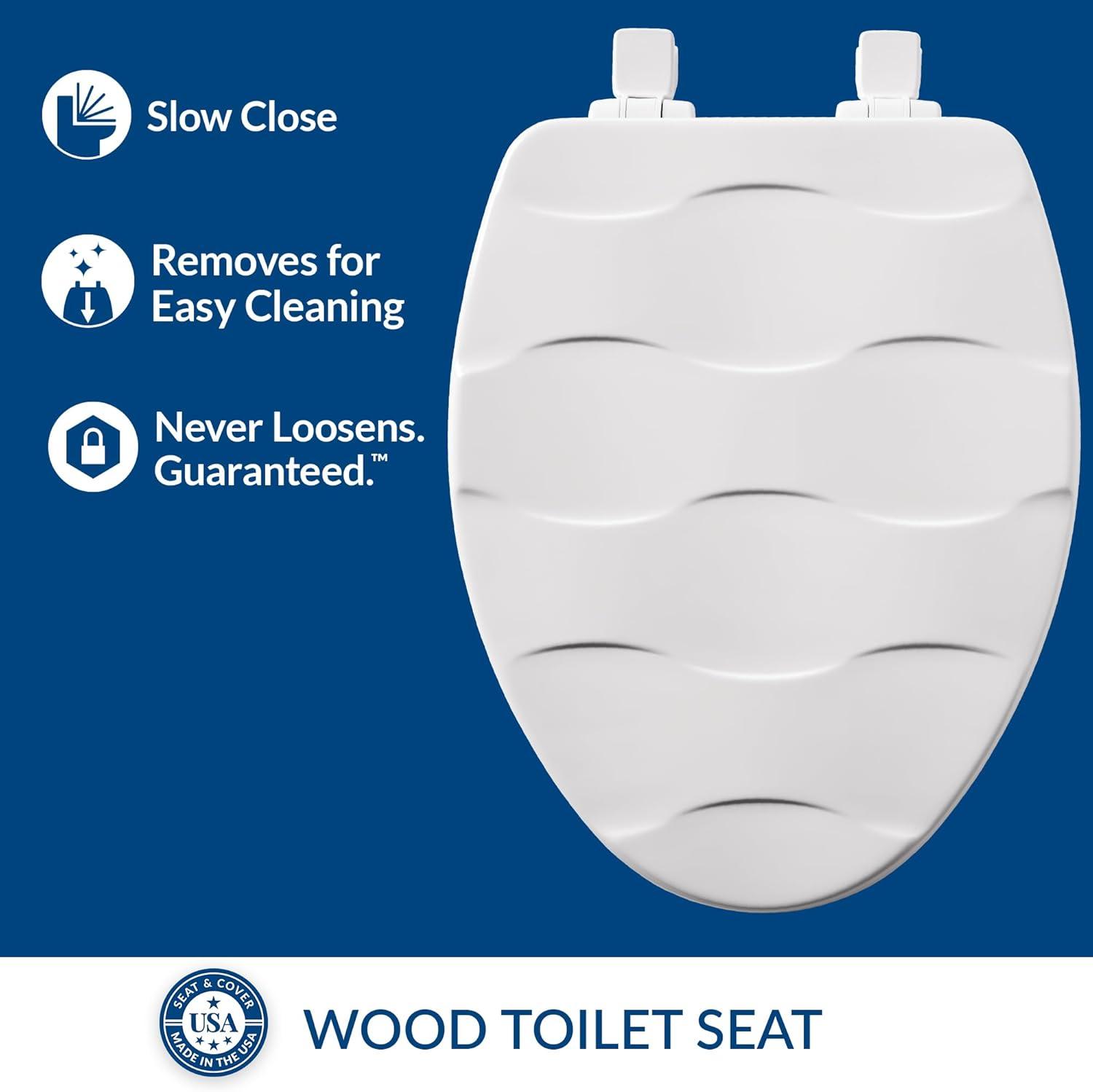 Basket Weave Sculptured Toilet Seat, Slow Close, Never Loosens, ELONGATED, Durable Wood, White