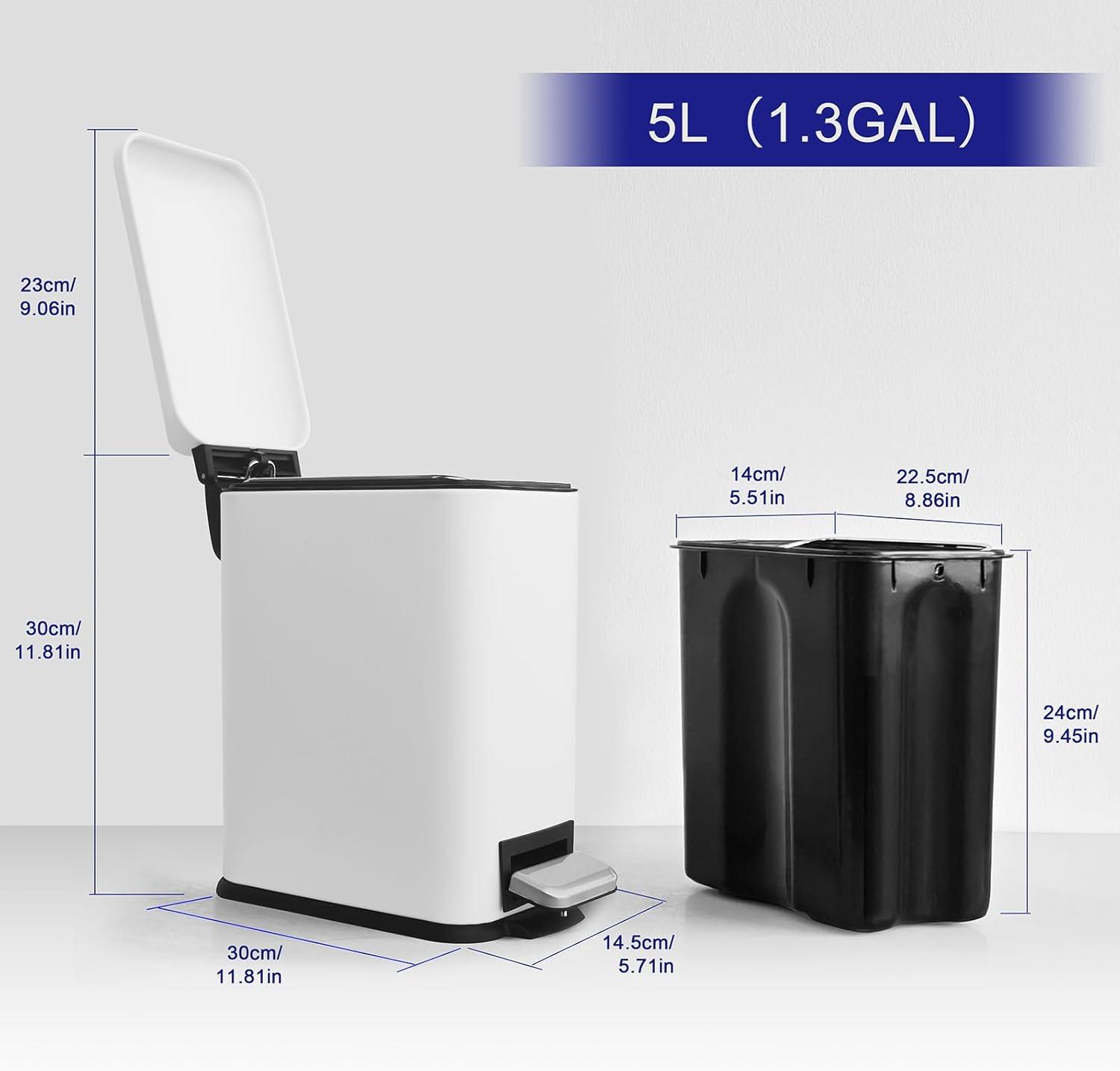 FDW Bathroom Trash Can With A Lid 1.3 Gallon  (5 L) Small Trash Bin Step Pedal Garbage Can With Removable Bucket Slim For Small Spaces For Bathroom,Bedroom,Kitchen,Office