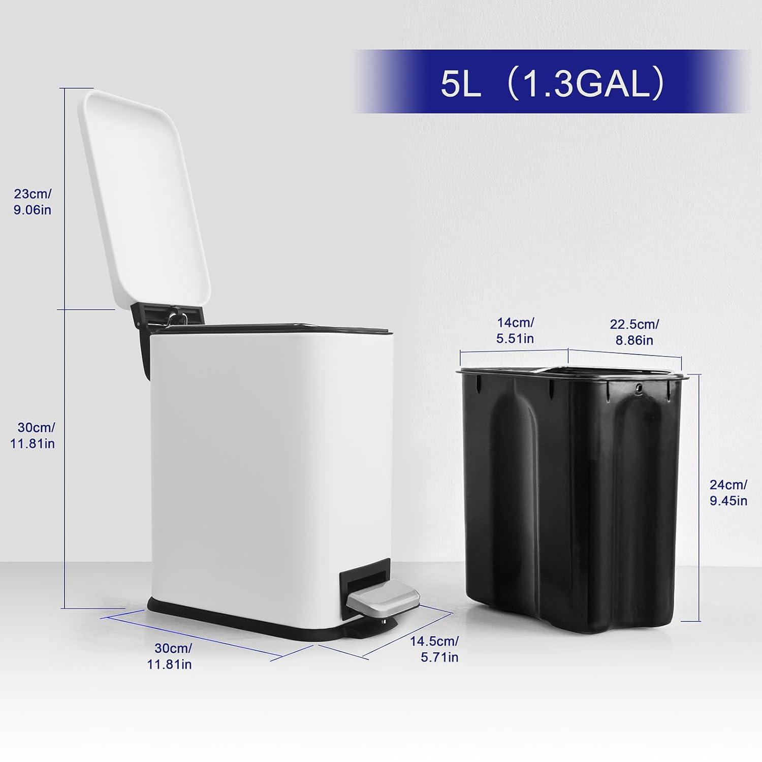 FDW Bathroom Trash Can With A Lid 1.3 Gallon  (5 L) Small Trash Bin Step Pedal Garbage Can With Removable Bucket Slim For Small Spaces For Bathroom,Bedroom,Kitchen,Office