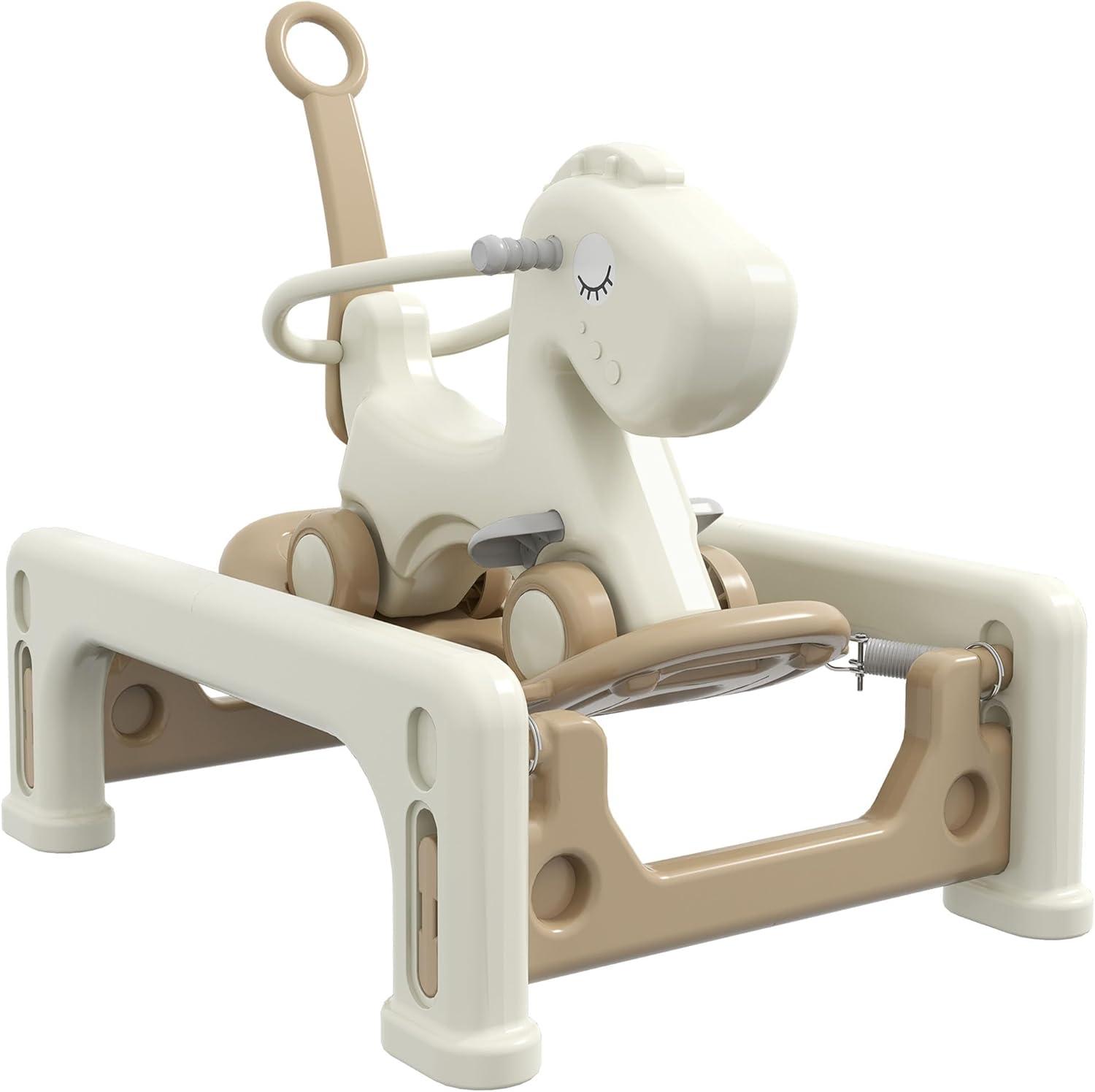 Qaba 5 in 1 Rocking Horse for Toddlers Years 1-6, Kids Spring Ride on Horse Balance Bike with Detachable Balance Board, Push Handle & Footrest for Baby Boys and Girls, Cream White