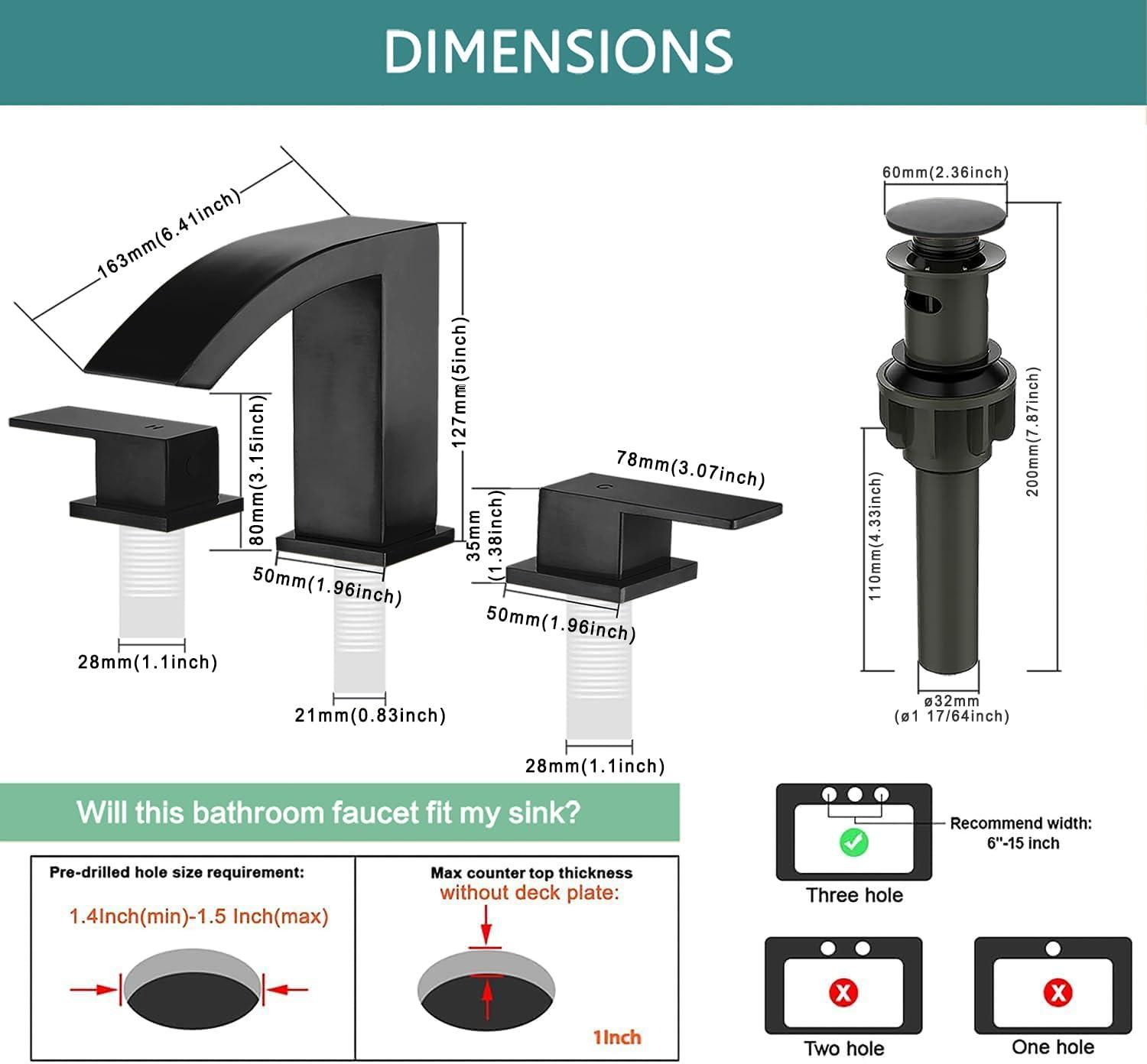 Waterfall Bathroom Sink Faucet, 3 Holes Two Handles Bathroom Faucet with Pop Up Drain and 2 Water Supply Lines, 8 inch Widespread Bathroom Sink Faucet Matte Black