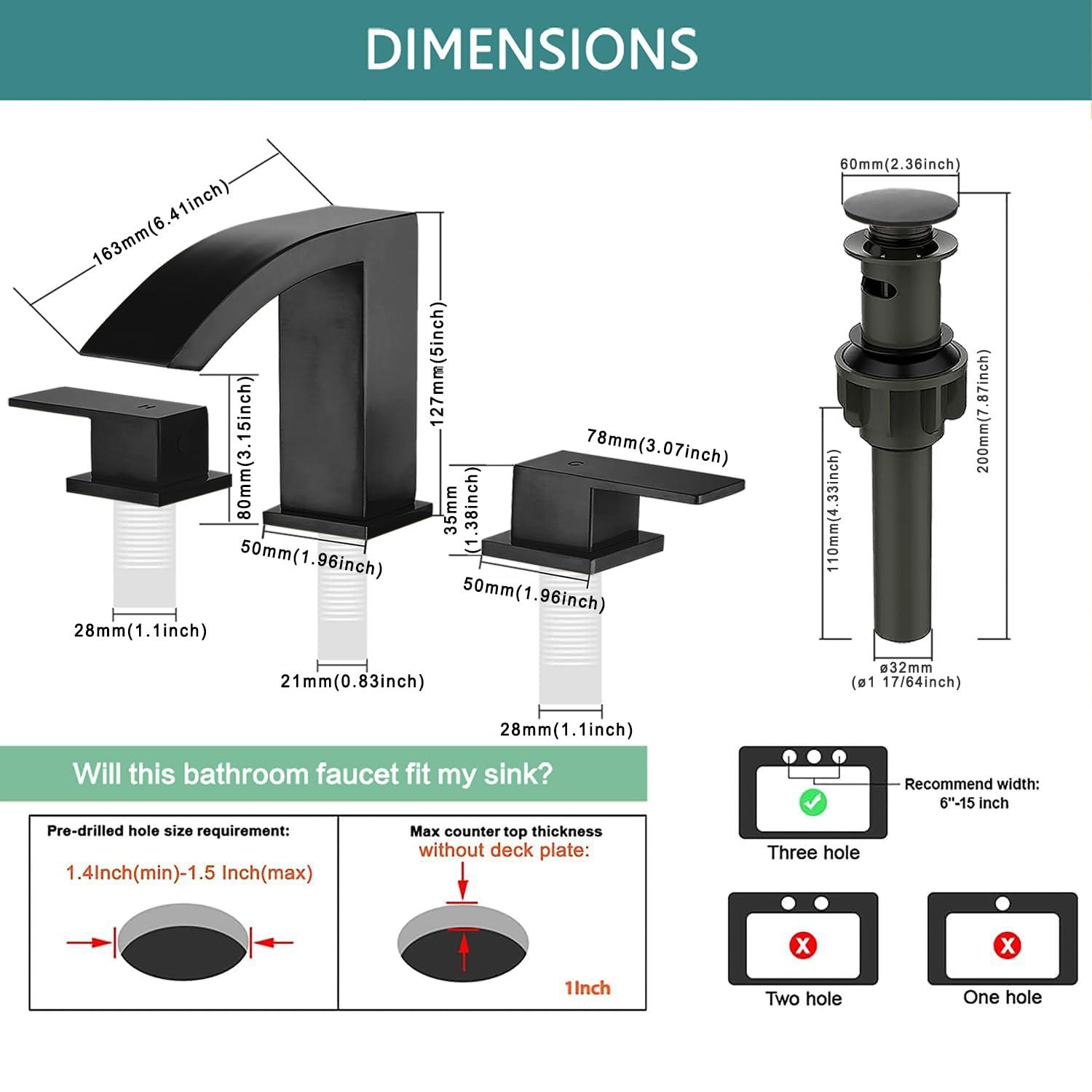 Waterfall Bathroom Sink Faucet, 3 Holes Two Handles Bathroom Faucet with Pop Up Drain and 2 Water Supply Lines, 8 inch Widespread Bathroom Sink Faucet Matte Black