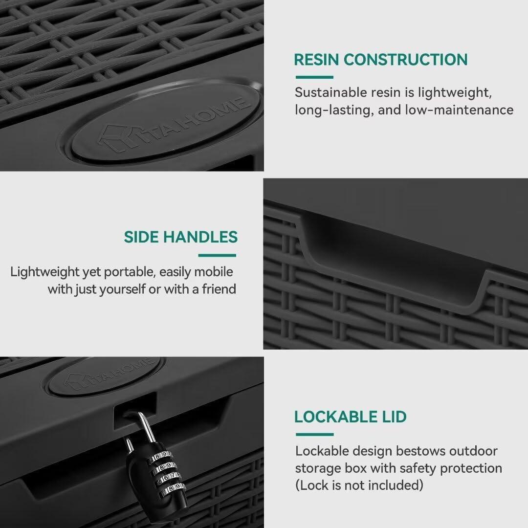 YITAHOME 32 Gallon Rattan Deck Box, Indoor Outdoor Storage Box for Patio Furniture, Pool Accessories, Cushions, Garden Tools, Sports Equipment, Waterproof Resin with Lockable Lid & Side Handles, Black