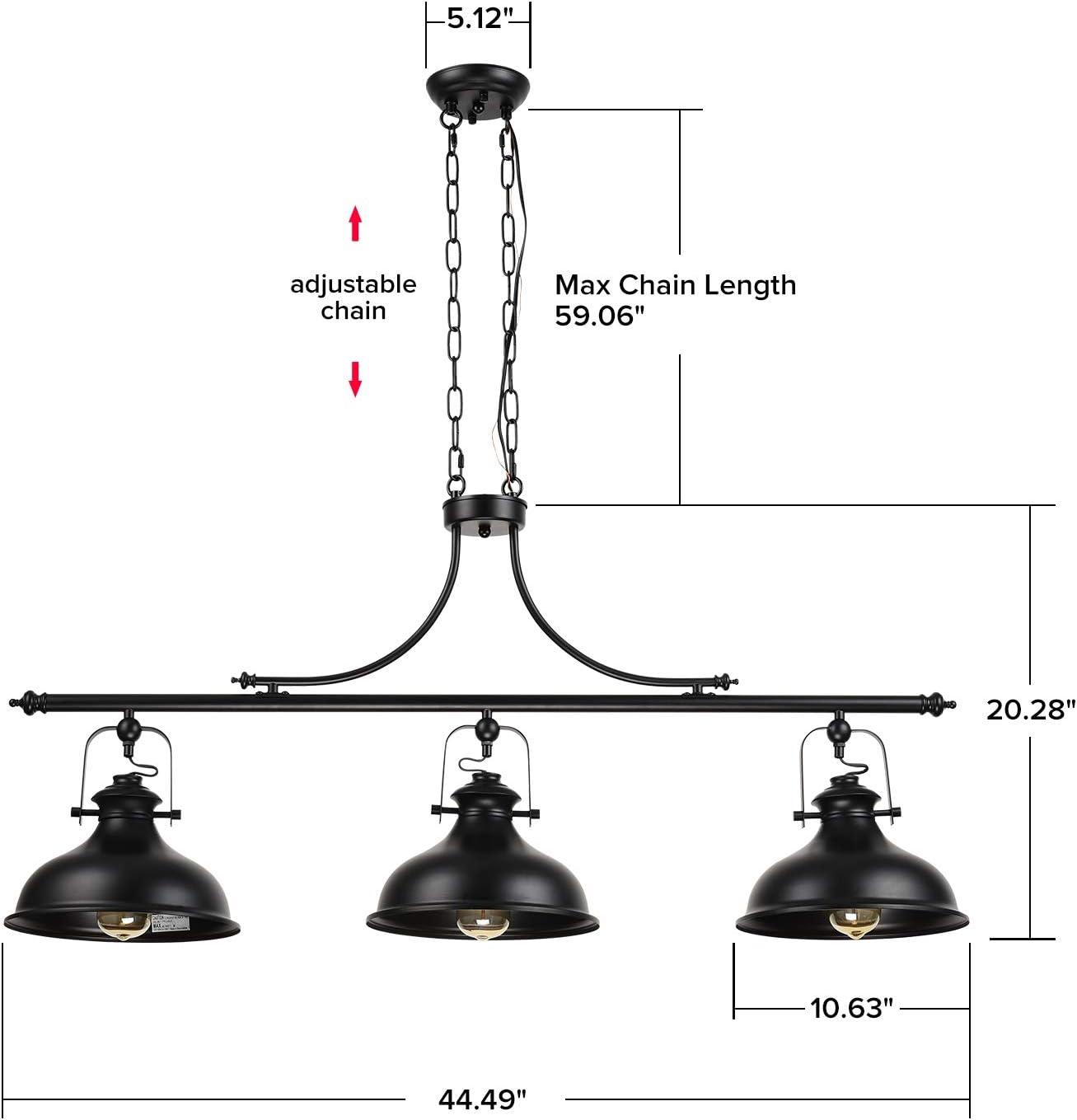 GZBtech Vintage 3-Light Pendant Lighting Fixture, 59.06'' H Adjustable Rustic Hanging Billiard Light Over The Pool Table, Industrial Black Metal Chandelier for Dinning Room Kitchen Island