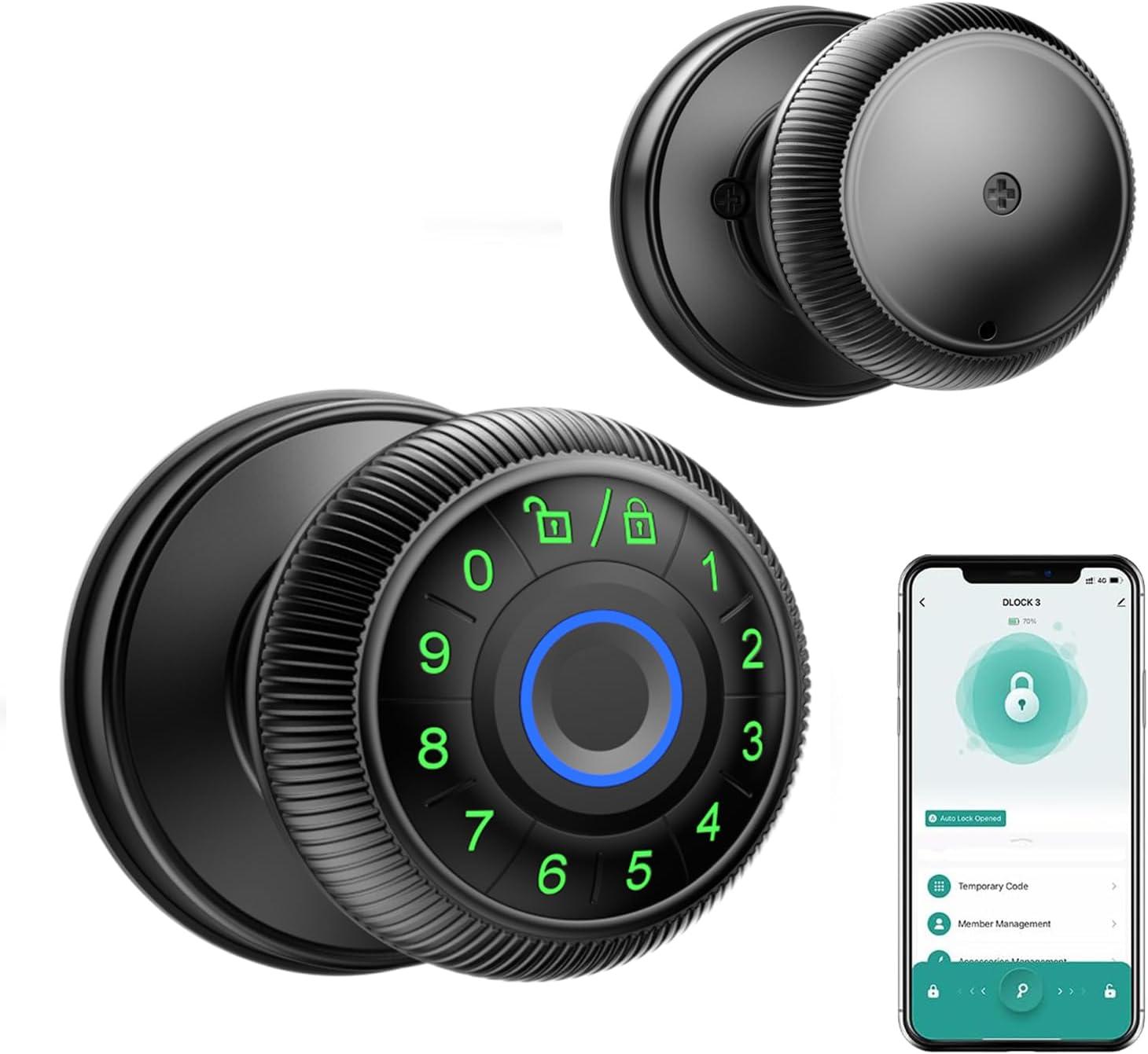 Black Aluminum Smart Fingerprint Door Knob with Keypad