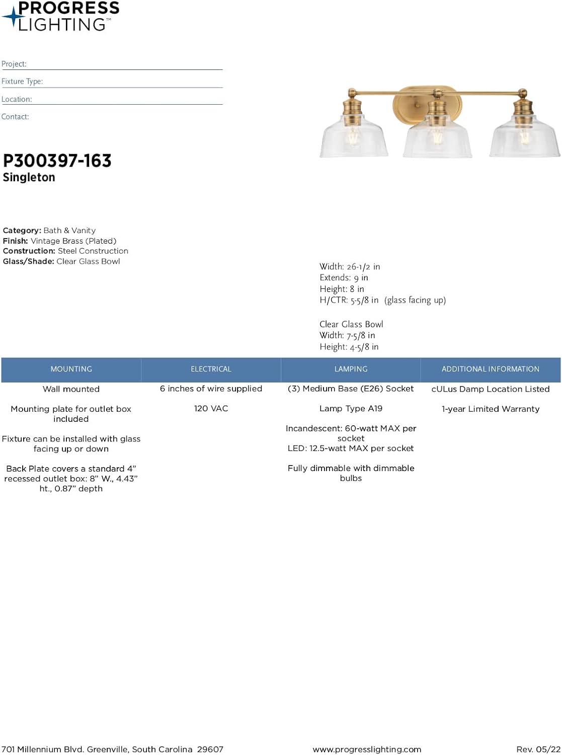 Progress Lighting Singleton 3-Light Vanity Fixture, Vintage Brass, Clear Glass Shades, Steel Material, Damp Rated